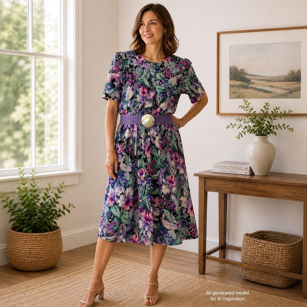 Vintage 80s Floral Dress Petite 14 Purple Teal Belted Midi Rayon Impromptu USA